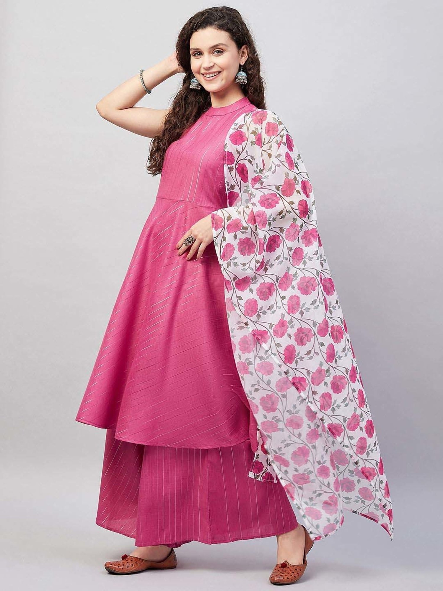 Inweave White & Pink Floral Print Dupatta