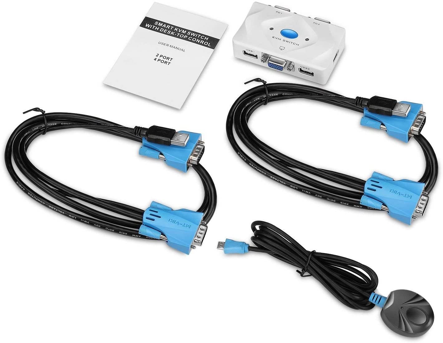 VGA KVM Switch (2 Port) Dual Computer Monitor Display Selector w/KMV Cables & USB 2.0 Hub - Desktop Remote Controller Button & Hot-Key Switcher Keyboard Mouse Switch Extender Box for PC & Mac