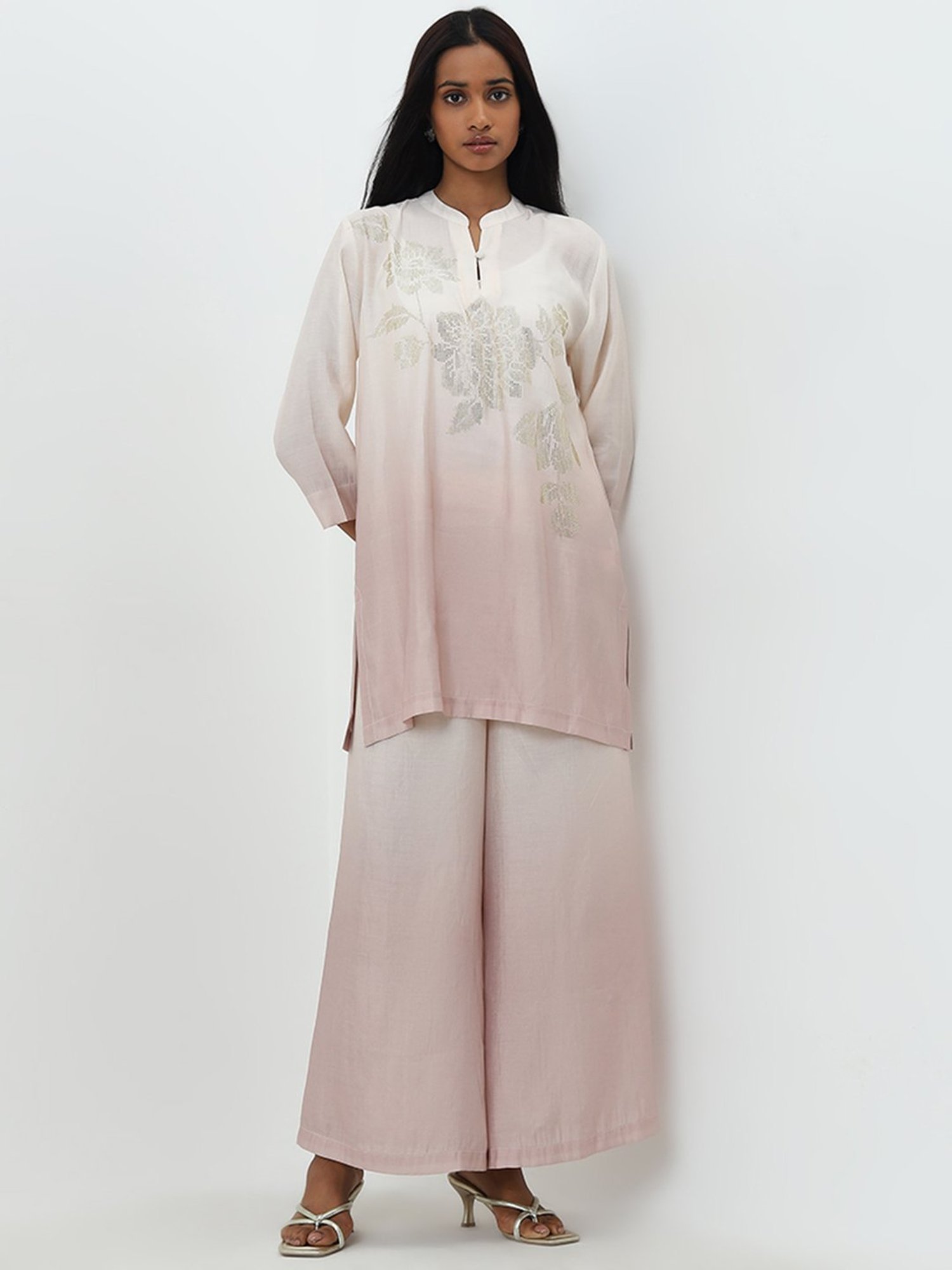 Vark by Westside Beige Floral Embroidered A-Line Tunic & Palazzos Set