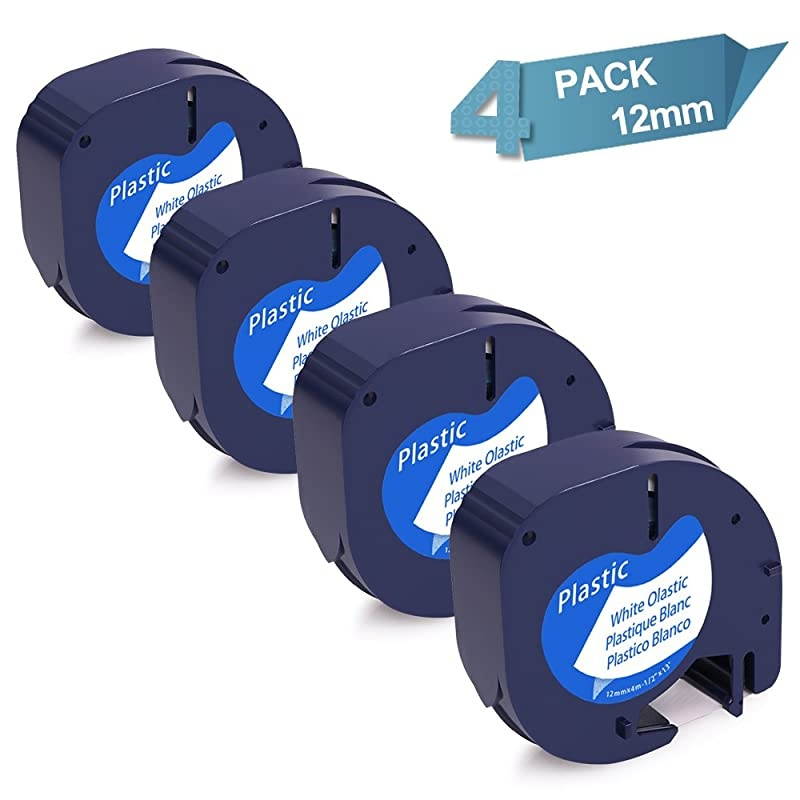 Compatible Label Tape Replacement for DYMO 12mm x 4m 12 in x 13 ft White LetraTag Refills Plastic Label Maker Tape Compatible with DYMO LetraTag LT100H XR 4Roll