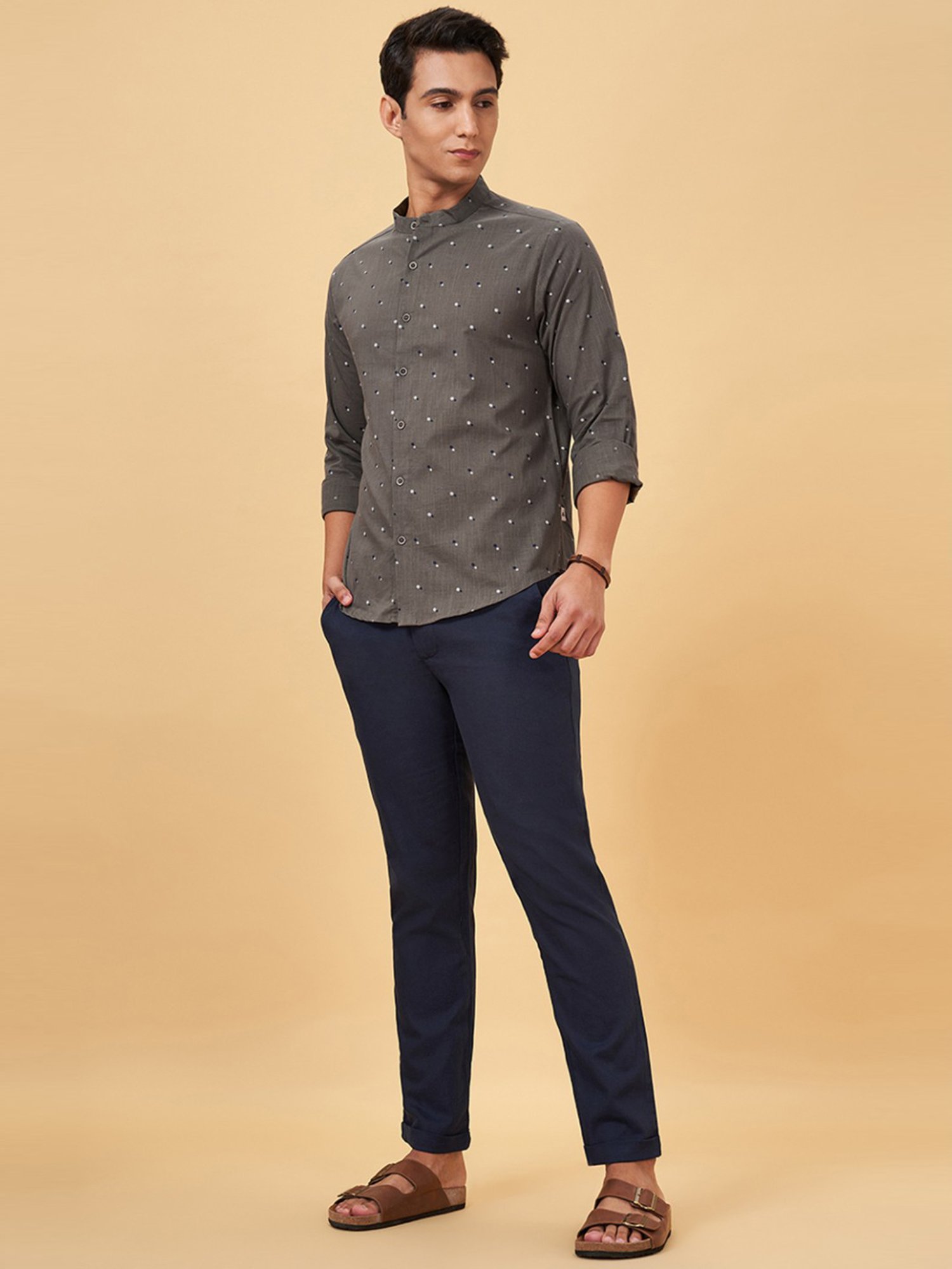 Indus Route By Pantaloons Steel Gray Regular Fit Printed Shirt