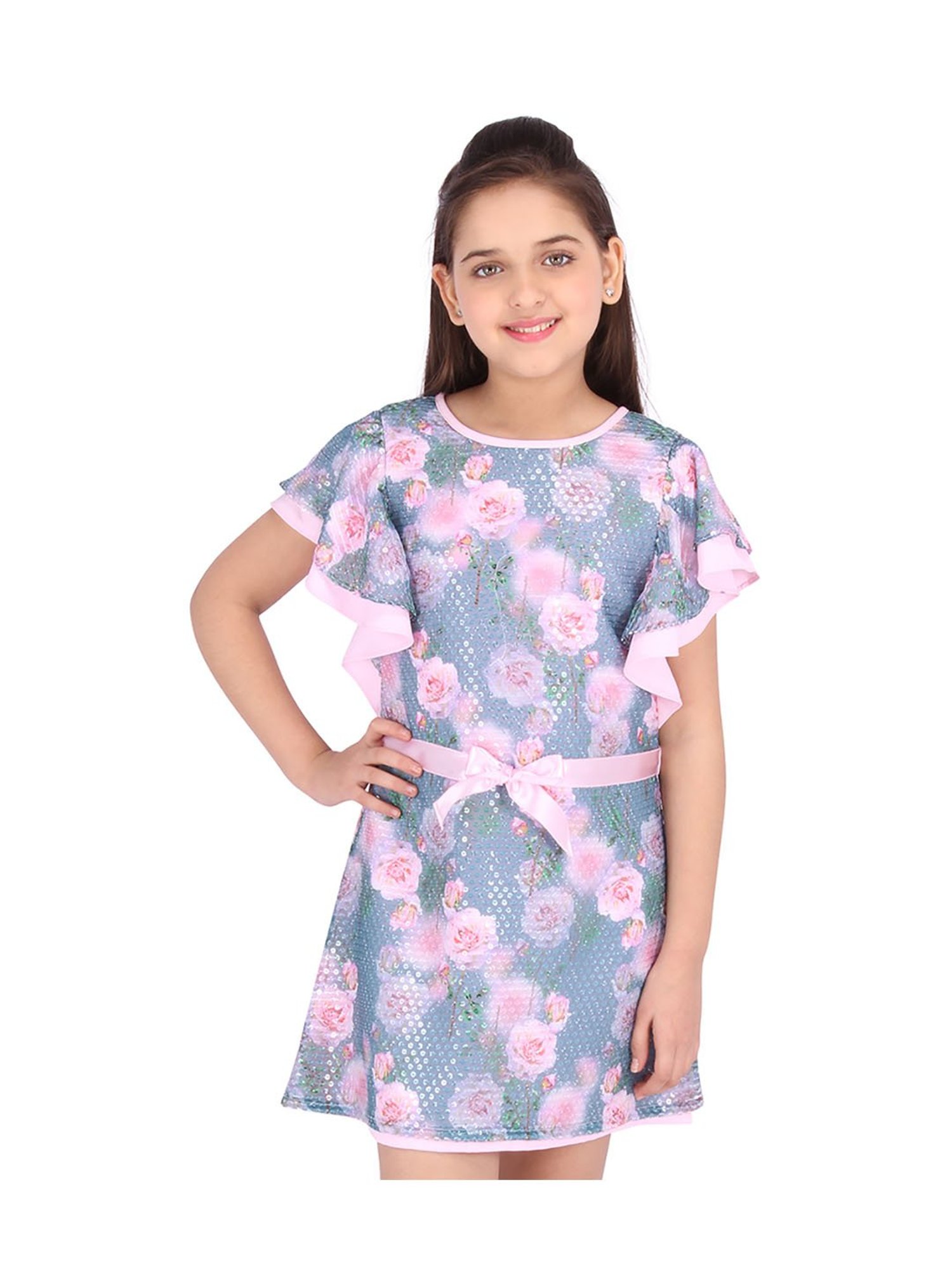 Cutecumber Kids Pink Printed Dress with Ribbon Belt