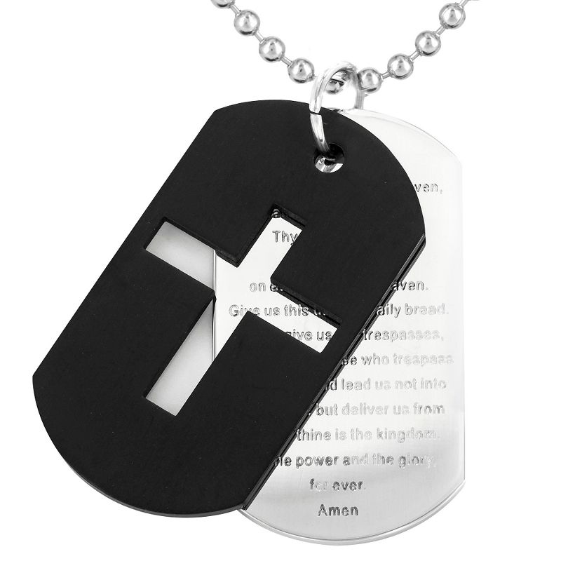 Men's Stainless Steel Plated Cross and 'Lord's Prayer' Double Dog Tag Necklace - Black