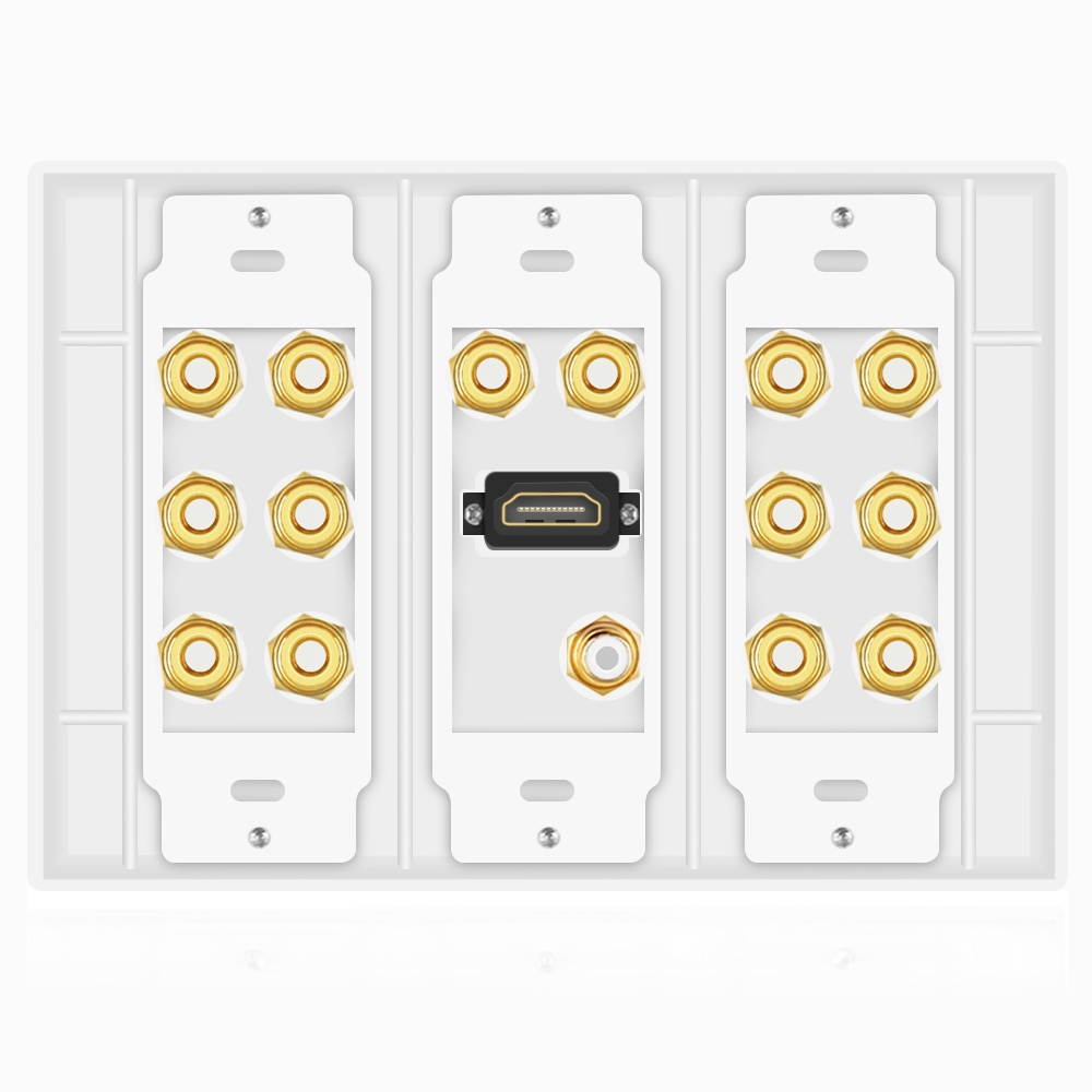 Home Theater Speaker Wall Plate Outlet 7.1 Surround Sound Audio Distribution Panel, Gold Plated Copper Banana Plug Binding Post Coupler, RCA LFE Jack for Subwoofer, HDMI 4K ARC/eARC Full HD (3-Gang)