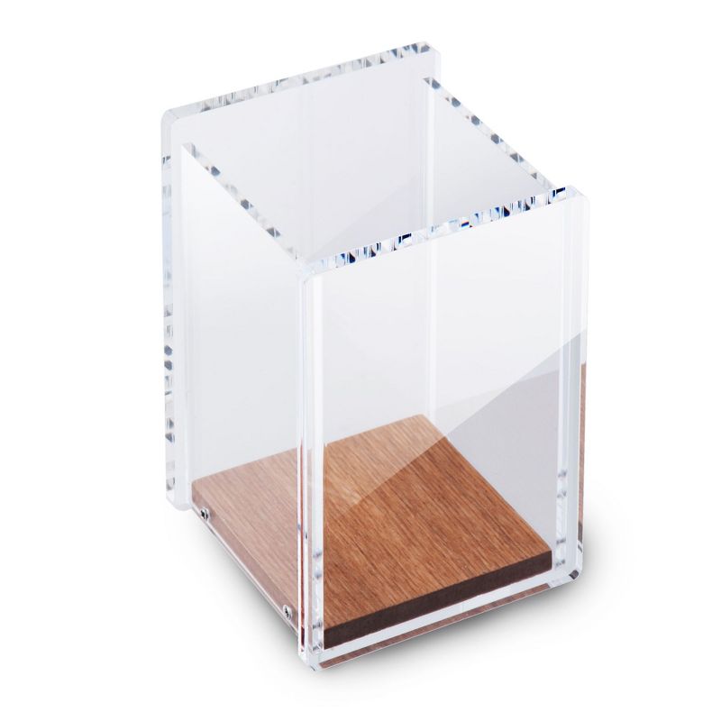 Zodaca Acrylic Pen Holder, Square Pencil Cup Desktop Organizer with Wood Base, Clear