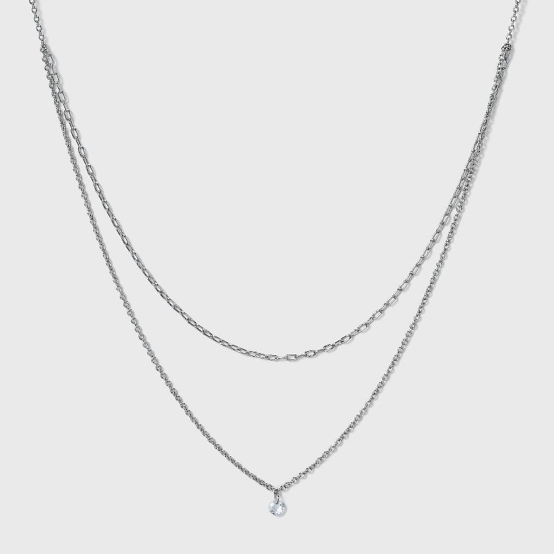 Silver Plated Paperlink Chain and Pierced Cubic Zirconia Necklace Set - A New Day™ Silver