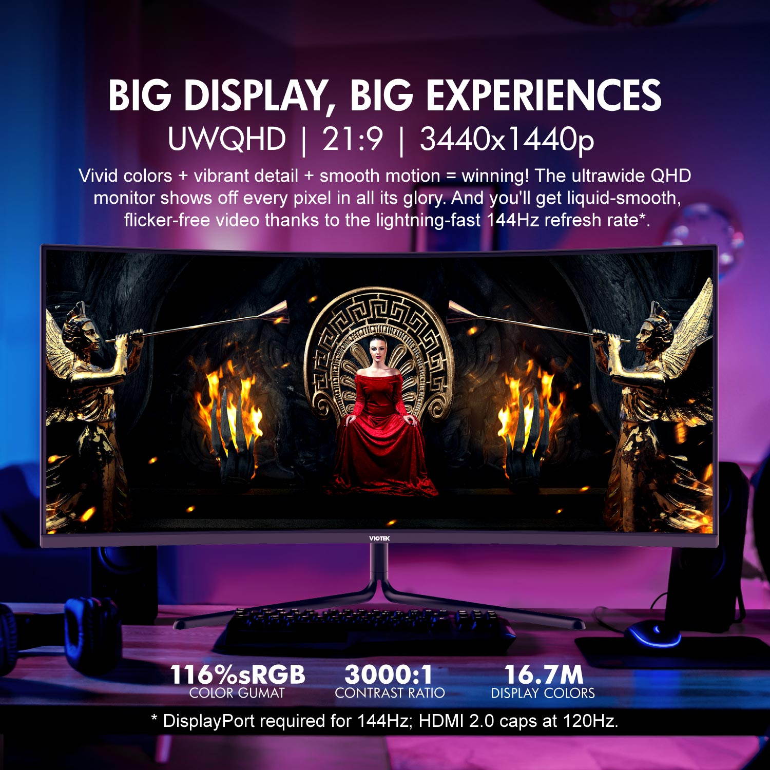 VIOTEK GNV34DBE 34-Inch Curved Gaming Monitor  144Hz UWQHD  2x HDMI 2.0, 2x DisplayPort 1.4, 3.5mm FreeSync