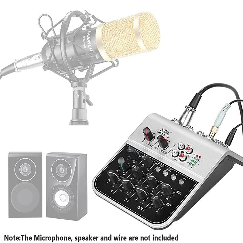 Mixing Console Compact Audio Sound 4Channel Mixer for Condenser Microphone with 48V Phantom Power 2 Band EQ 2way Stereo Line Input RCA InputOutput 4 Band LED Level Indicator NW021A