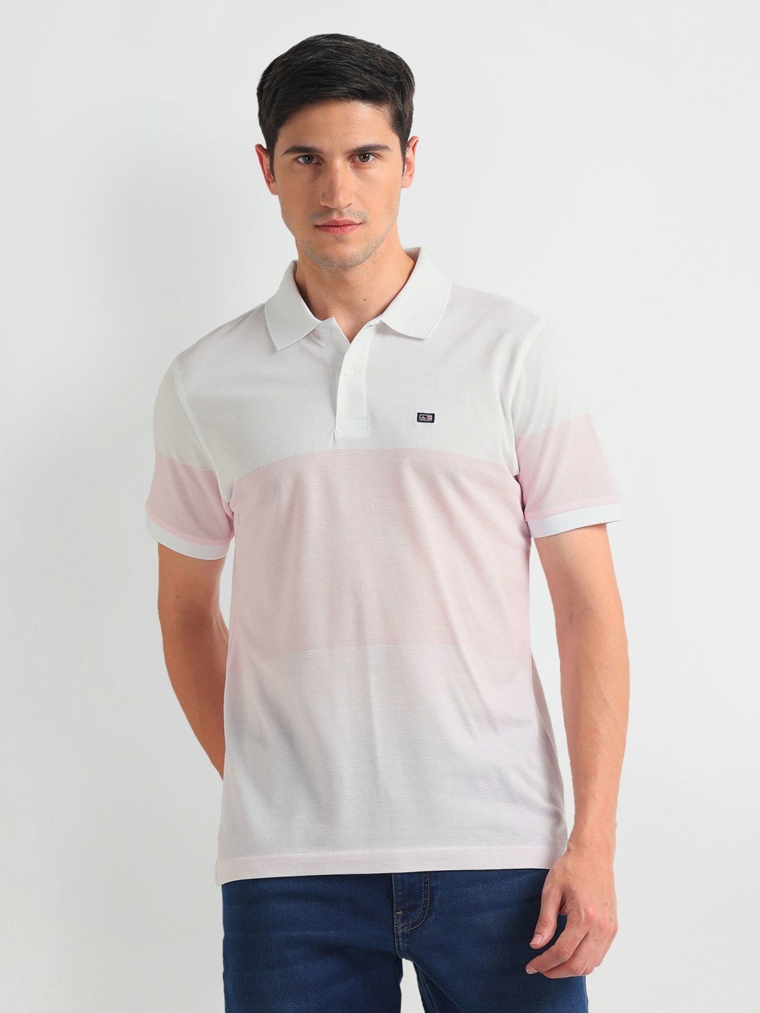 Arrow Sports Pink Cotton Regular Fit Colour Block Polo T-Shirt