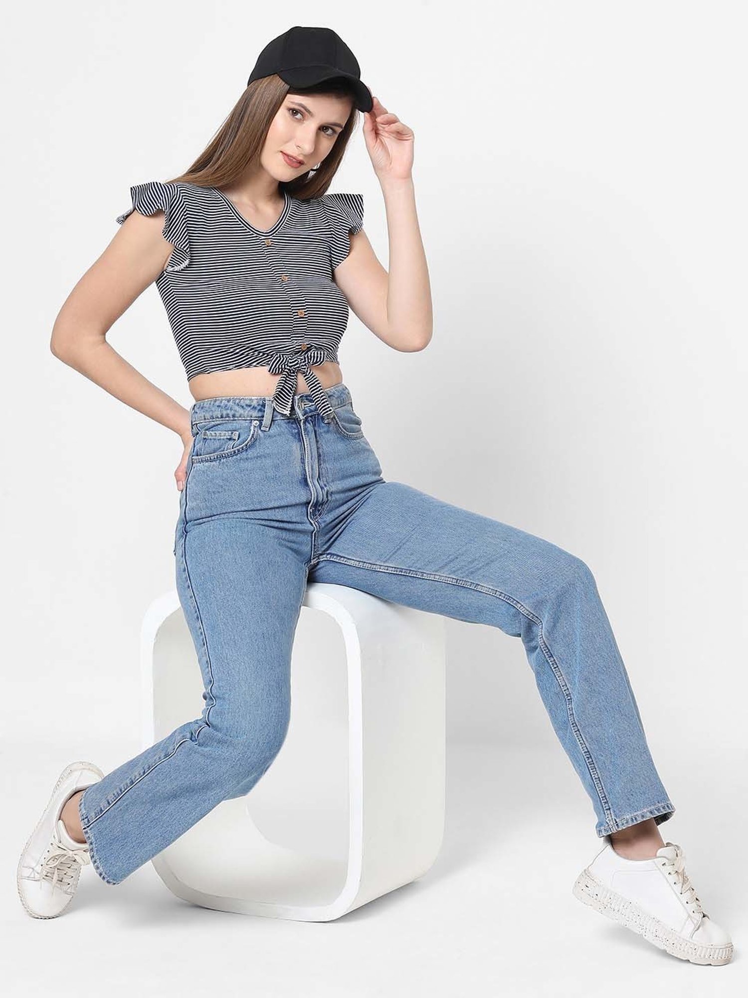 VASTRADO Navy Cotton Striped Crop Top