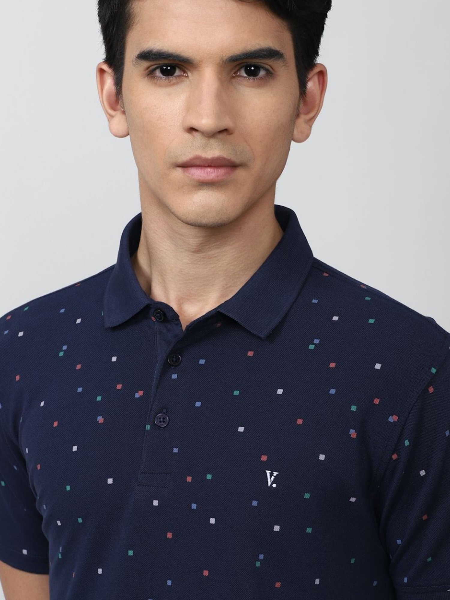 V Dot Navy Cotton Slim Fit Printed Polo T-Shirt