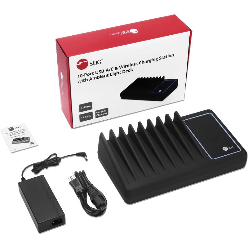 SIIG 10-Port USB-A/C & Wireless Charging Station With Ambient Light Deck - Wired/Wireless - Smartphone, USB Device - Charging Capability