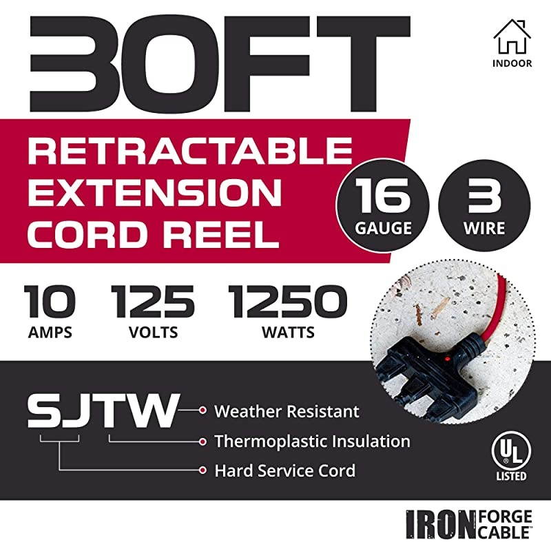 Retractable Extension Cord Reel with Breaker Switch 3 Electrical Power Outlets 163 SJTW Durable Red Cable Perfect for Hanging from Your Garage Ceiling