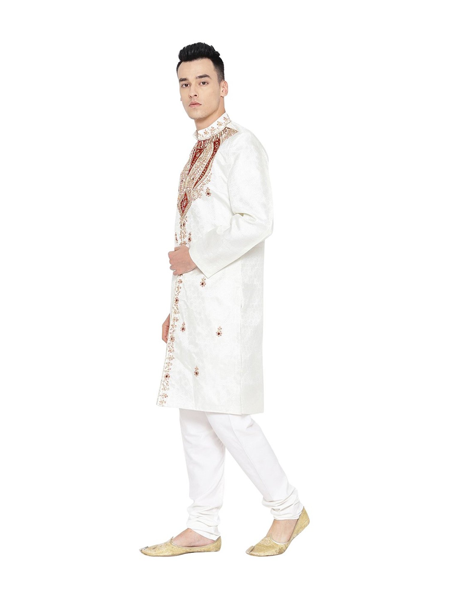 SG LEMAN White Embroidered Regular Fit Sherwani Set