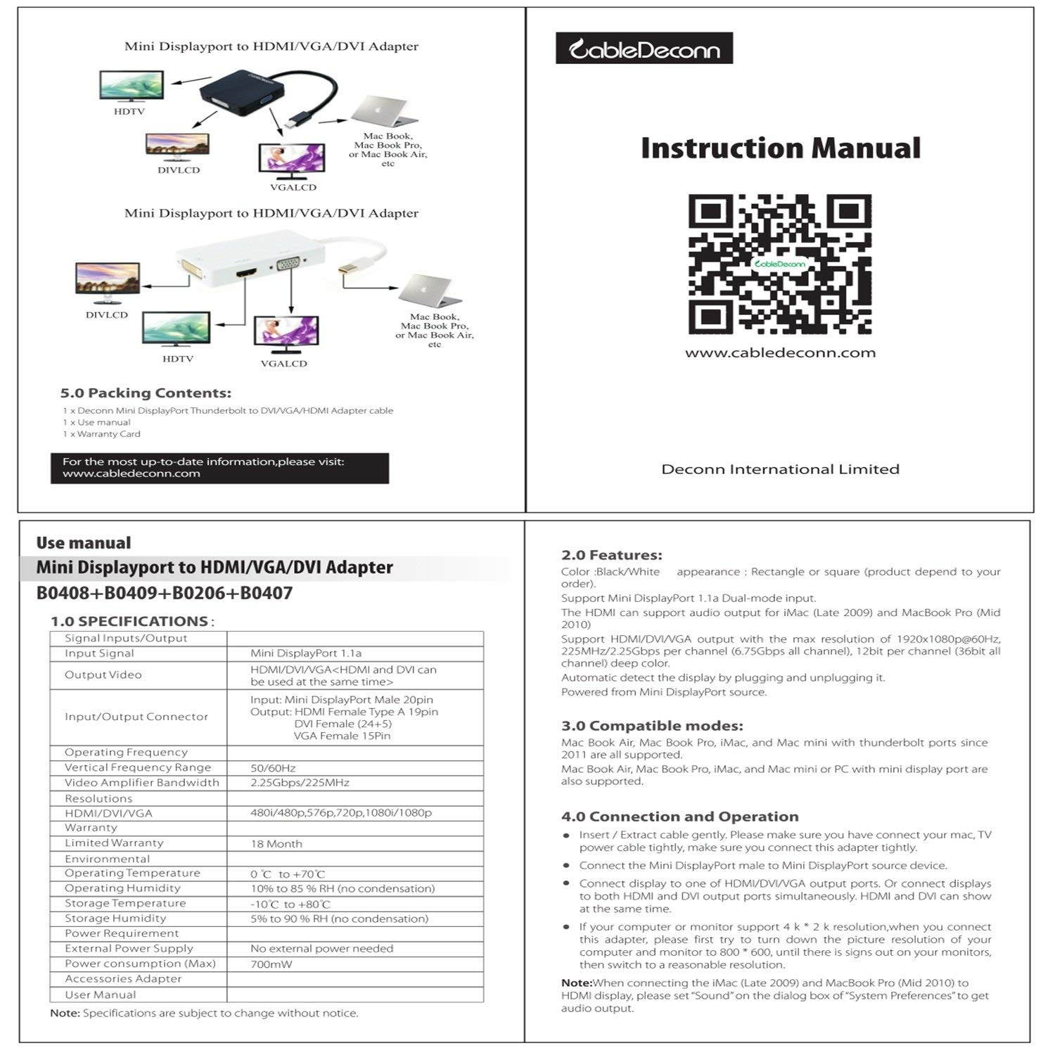CableDeconn mini displayport splitter Thunderbolt hub to hdmi vga dvi adapter Converter 3in1 Cable for Apple MacBook Air Pro dell surface