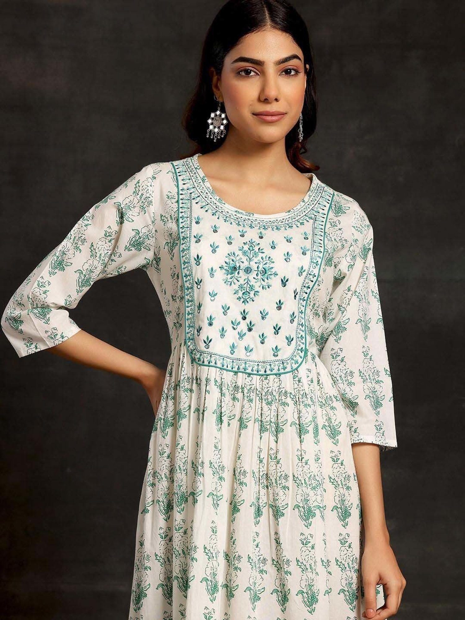 Saffron Threads Black Cotton Floral Print Ethnic Dress