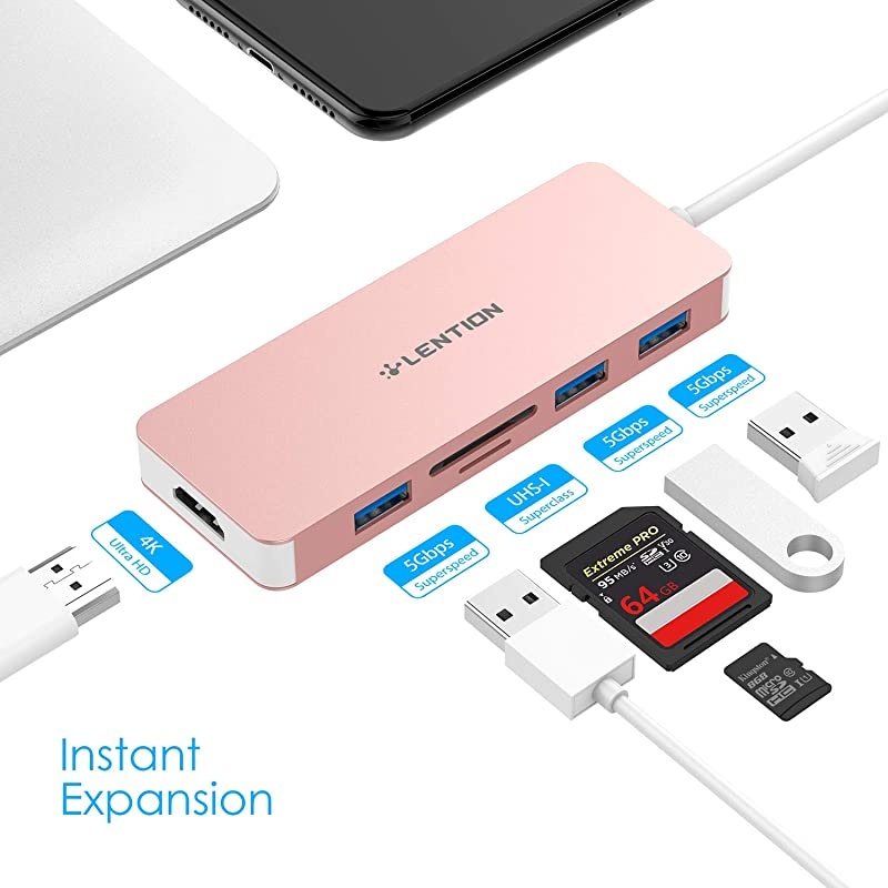 USB C Hub with 4K HDMI, 3 USB 3.0, SD/Micro SD Card Reader Compatible 2020-2016 MacBook Pro 13/15/16, New Mac Air/Surface, Chromebook, Multi-Port Adapter (CB-C18, Rose Gold)