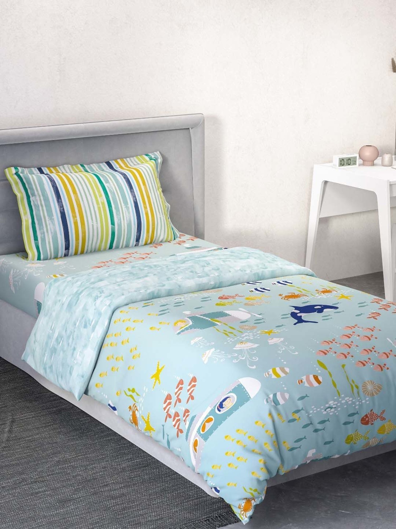 Maspar Blue Cotton 200 TC Reversible Duvet Cover Set