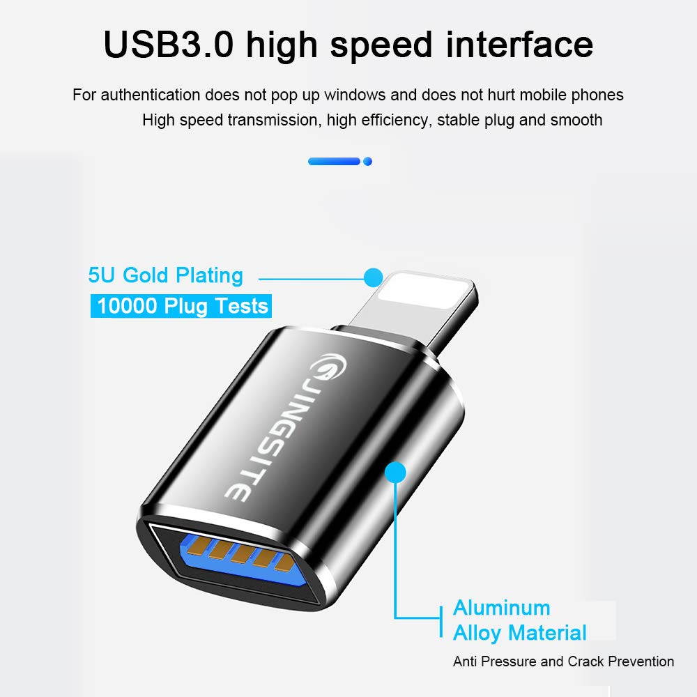 for iOS OTG USB Adapter, for iPhone/iPad Air Pro Mini Converter USB 3.0, fos iOS 13 and Lower, USB Female Interface Supports Connection to Card Reader, Keyboard, Mouse, MIDI Piano, USB Flash Drive