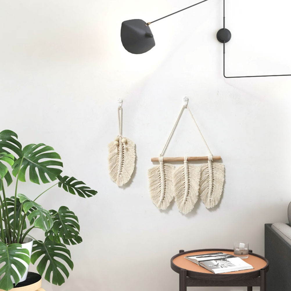 2pcs Hand-knitted Tassel Wall Tapestry Cotton Woven Hanging Tapestry (Beige)