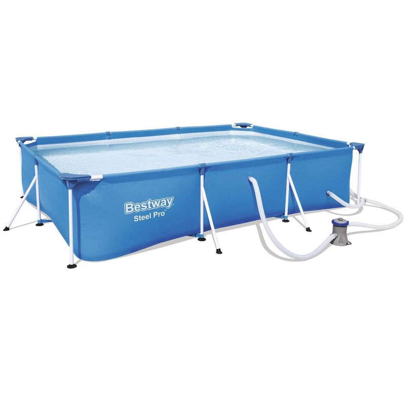 Bestway 56412E Steel Pro 9.8ft x 6.6ft x 26in Outdoor Rectangular Frame Above Ground Swimming Pool Set with 330 GPH Filter Pump and Repair Patch, Blue