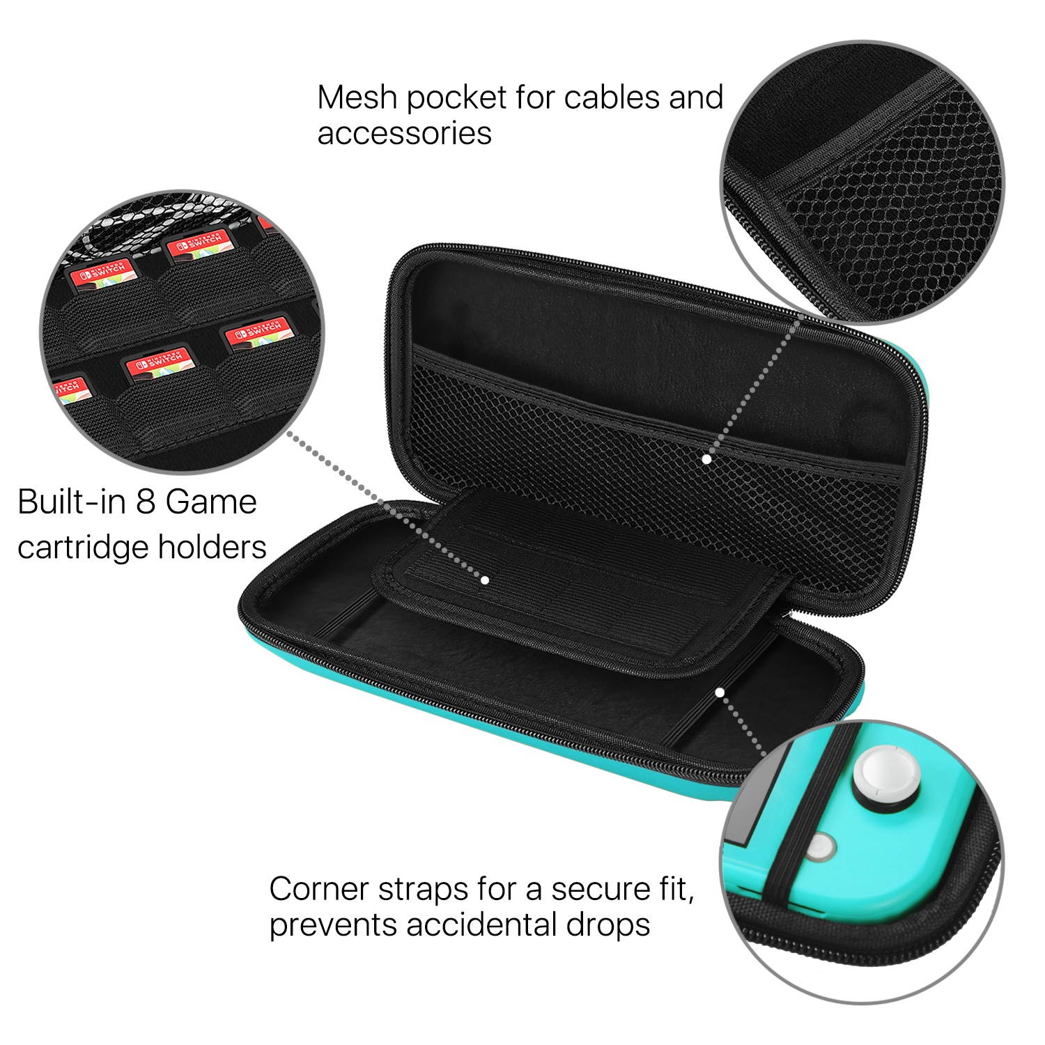 Nintendo Switch Lite Travel Case Portable Travel Carry Hard Shell EVA Material Pouch Deluxe Cover w/ Strap Handle for Switch Lite Console, 8 Game Card Holder, Joystick Pressure Relief (Blue)