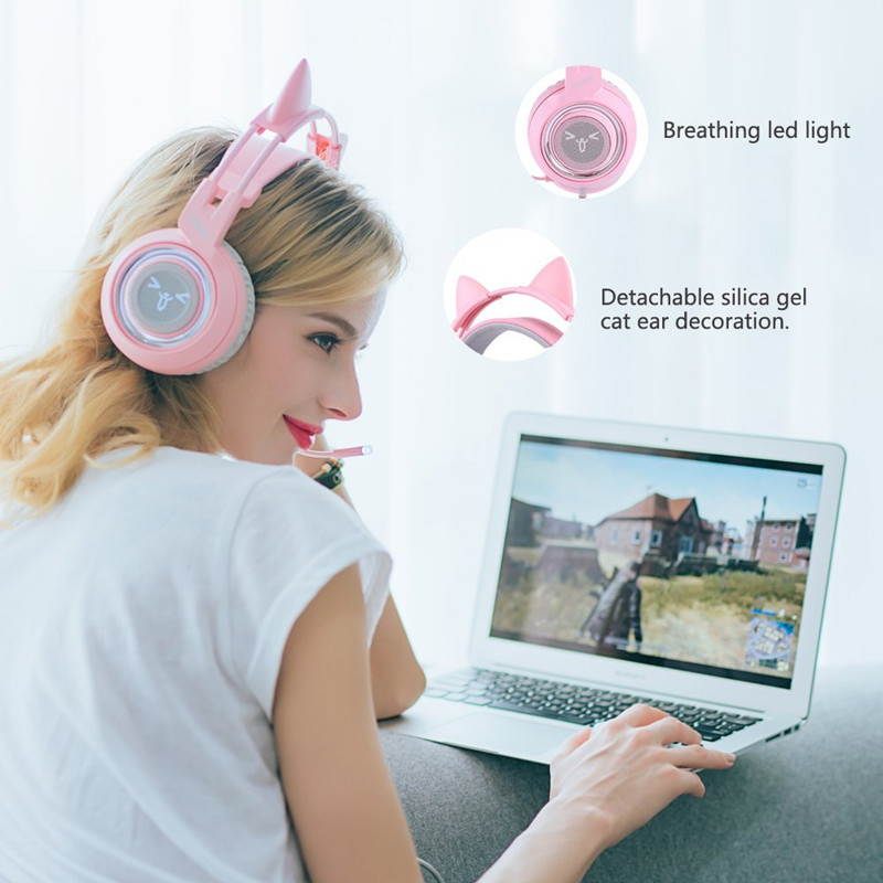 SOMIC Pink Stereo Gaming Headset with Mic for PS4, Xbox One, PC, Mobile Phone, 3.5MM Sound Detachable Cat Ear Headphones Lightweight Self-Adjusting Over Ear Headphones for Women