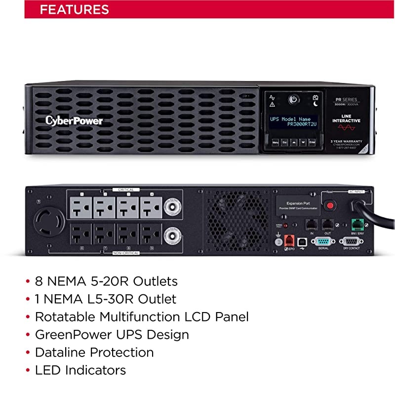 PR3000RT2U Smart App Sinewave UPS System, 3000VA/3000W, 9 Outlets, 2U Rack/Tower, AVR