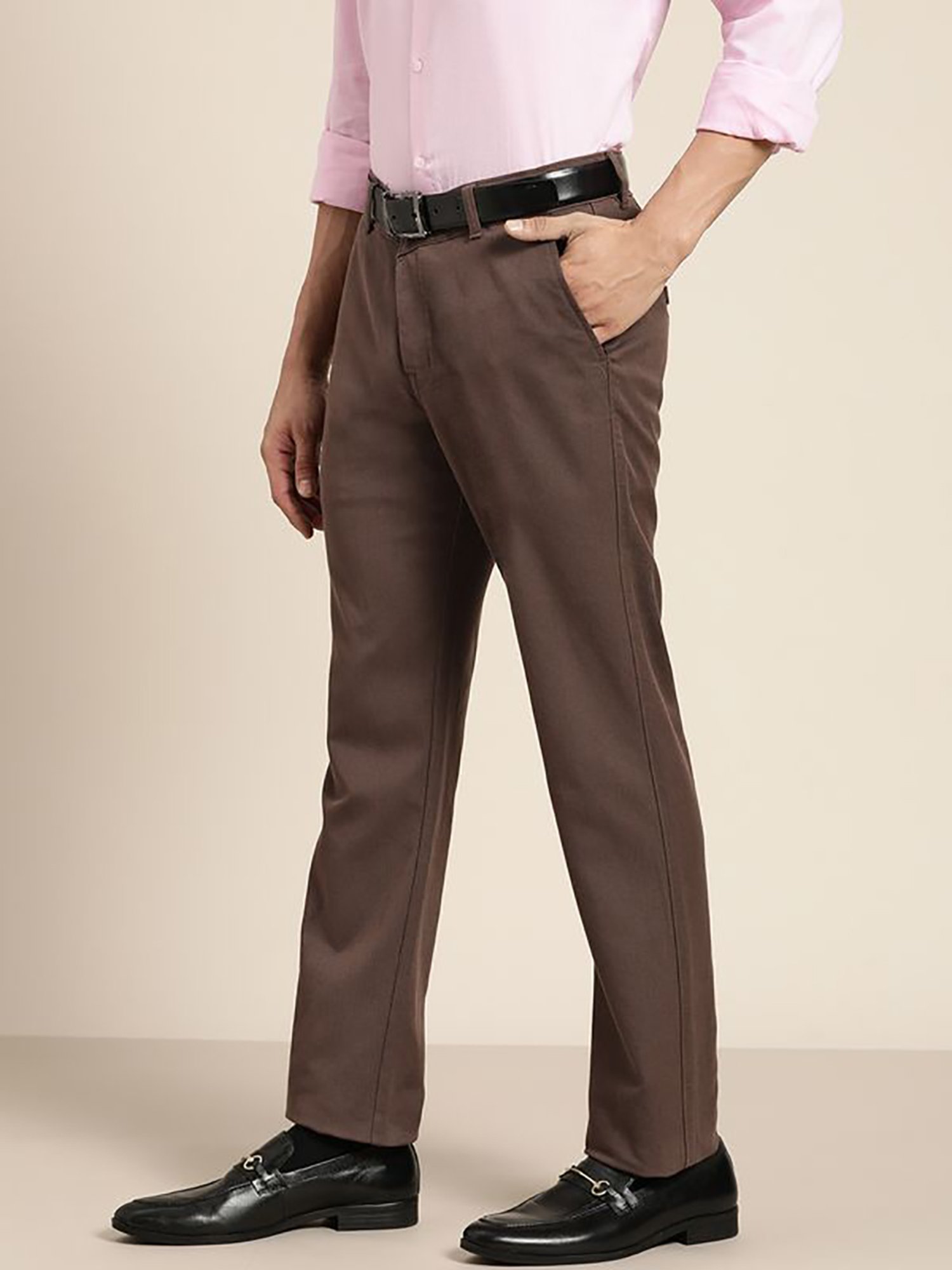 Hancock Brown Cotton Slim Fit Solid Trousers