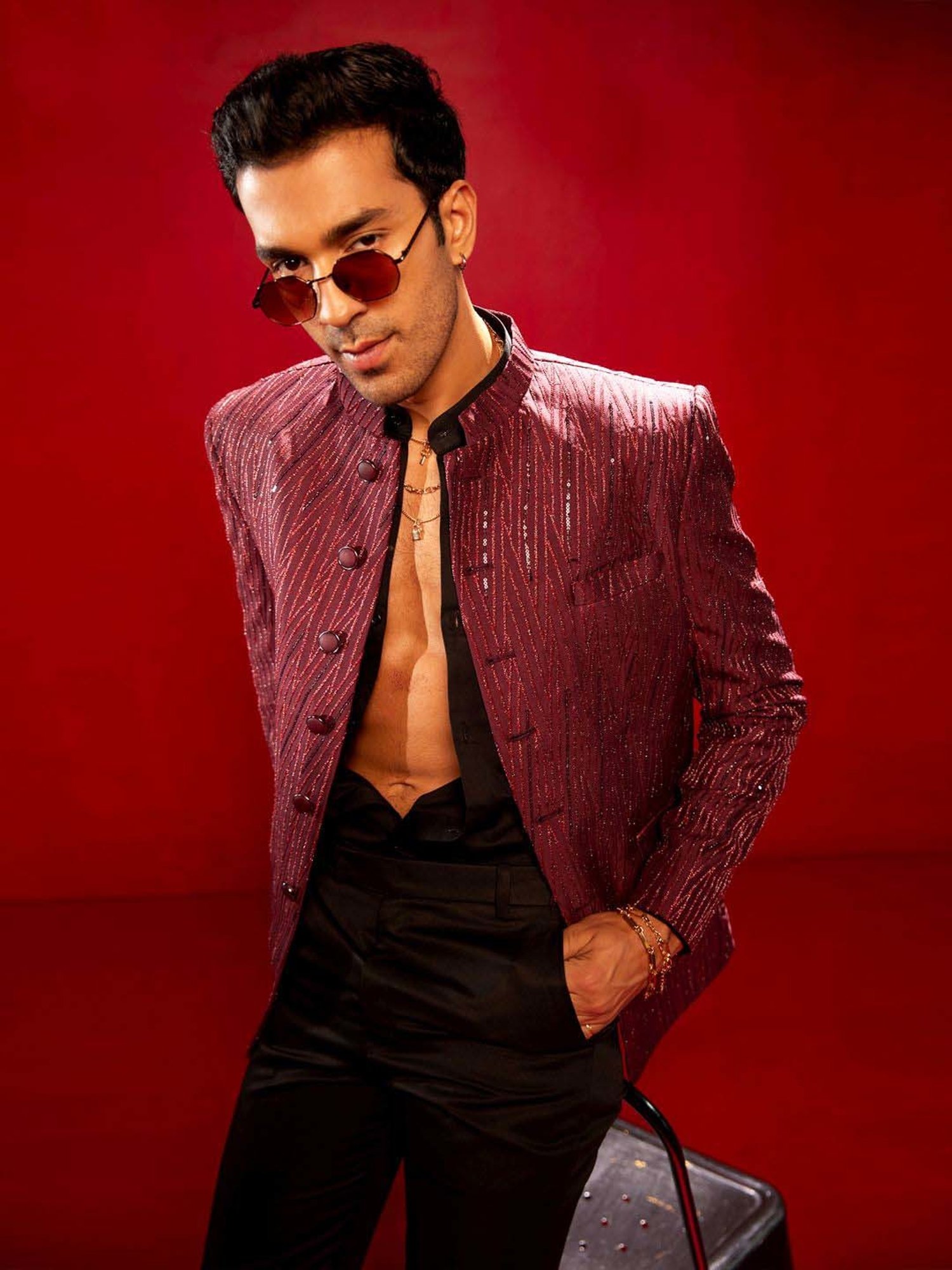 Vastramay Maroon Regular Fit Printed Ethnic Blazer