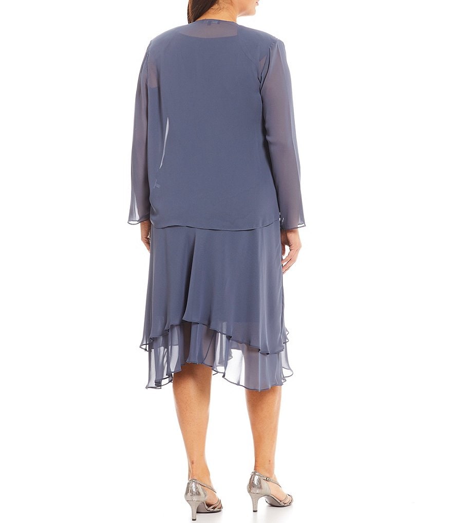 Ignite Evenings Plus Size Scoop Neck Long Sleeve Sequined Shoulder Midi Length Tiered Hem Jacket Dress