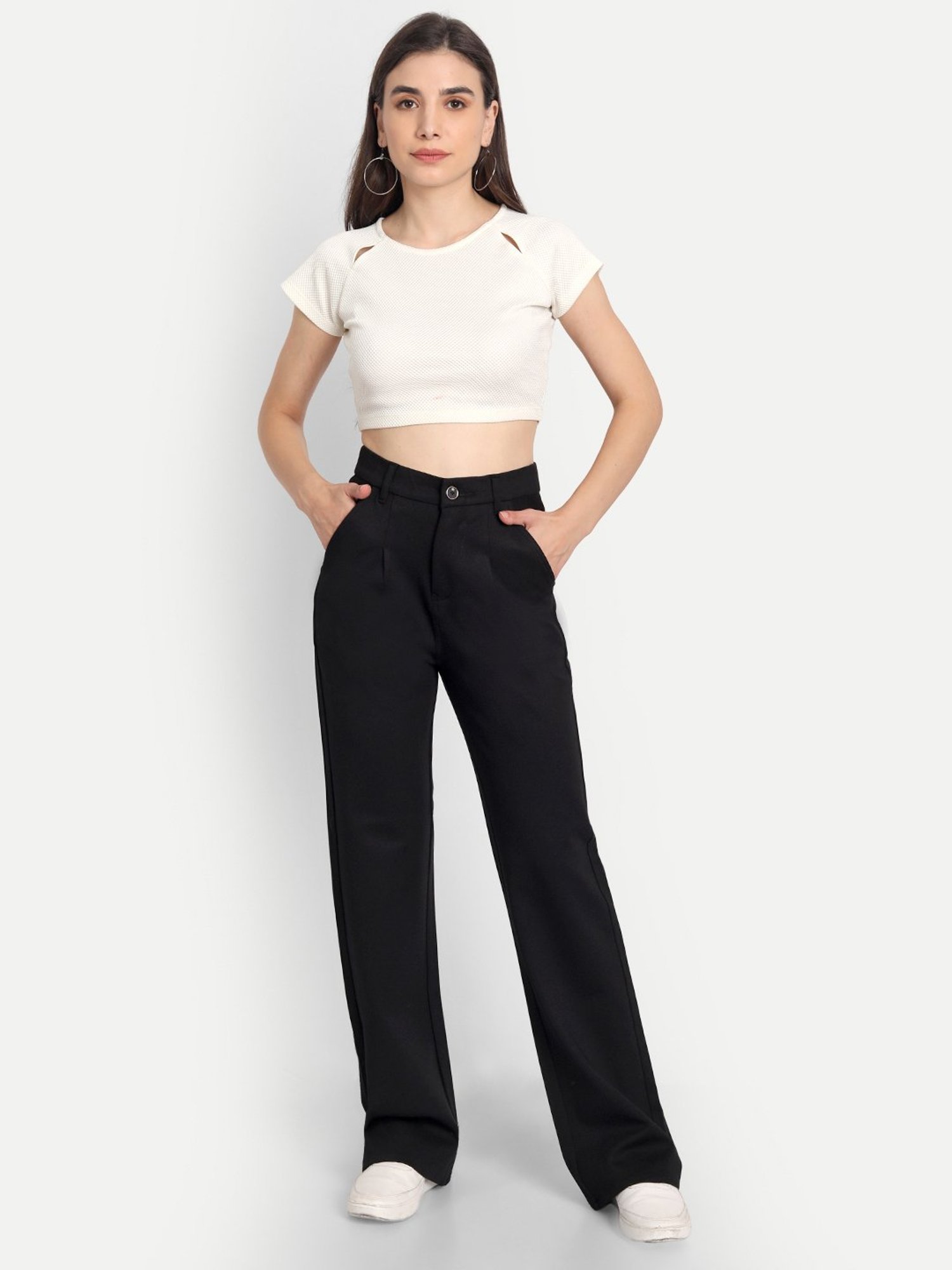 Broadstar Black Relaxed Fit High Rise Stretchable Trousers