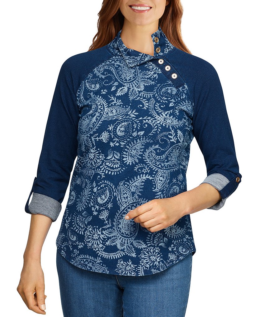 Ruby Rd. Paisley Print French Terry Side Button Mock Neck 3/4 Roll-Tab Sleeve Top