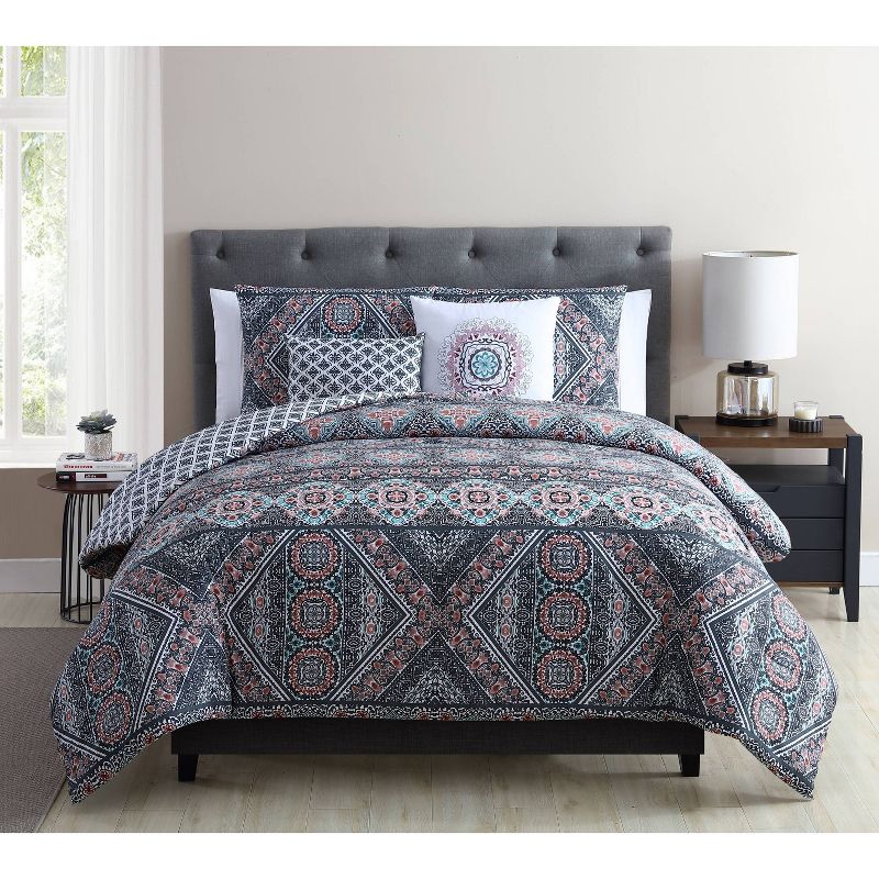 King 5pc Jaline Reversible Medallion Comforter Set Pink - VCNY Home