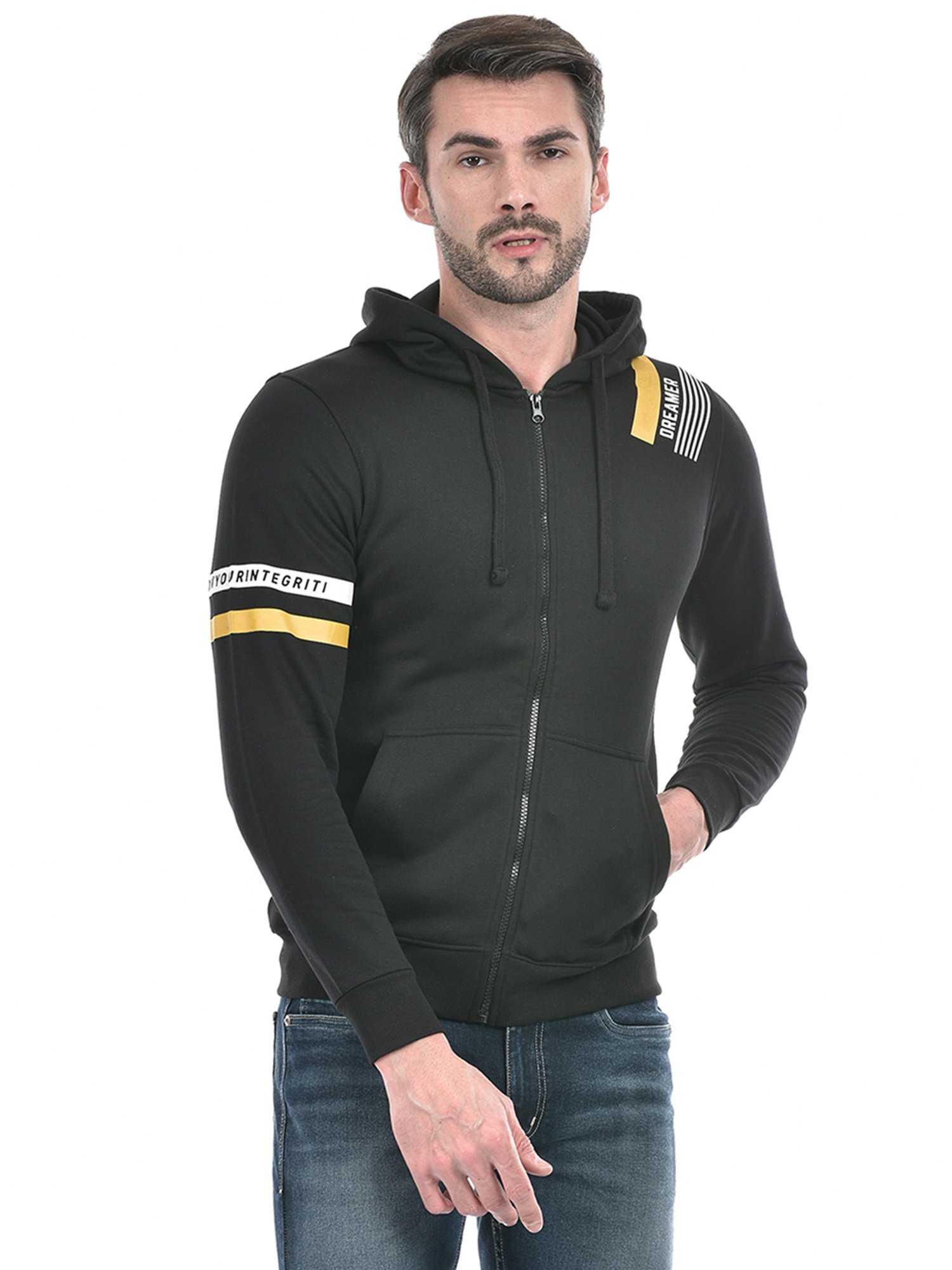 Integriti Black Regular Fit Striped Hooded Sweatshirt