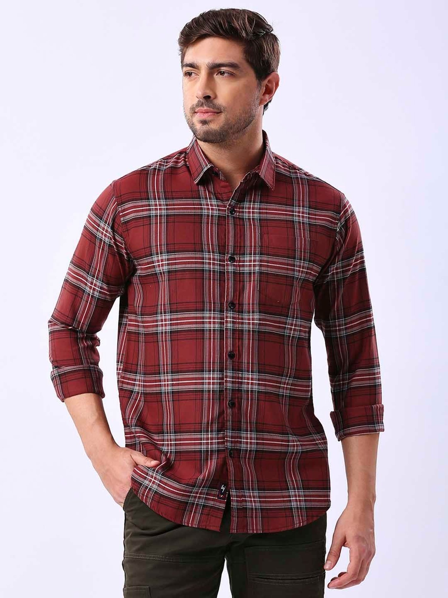 HJ HASASI Red Slim Fit Check Cotton Shirt
