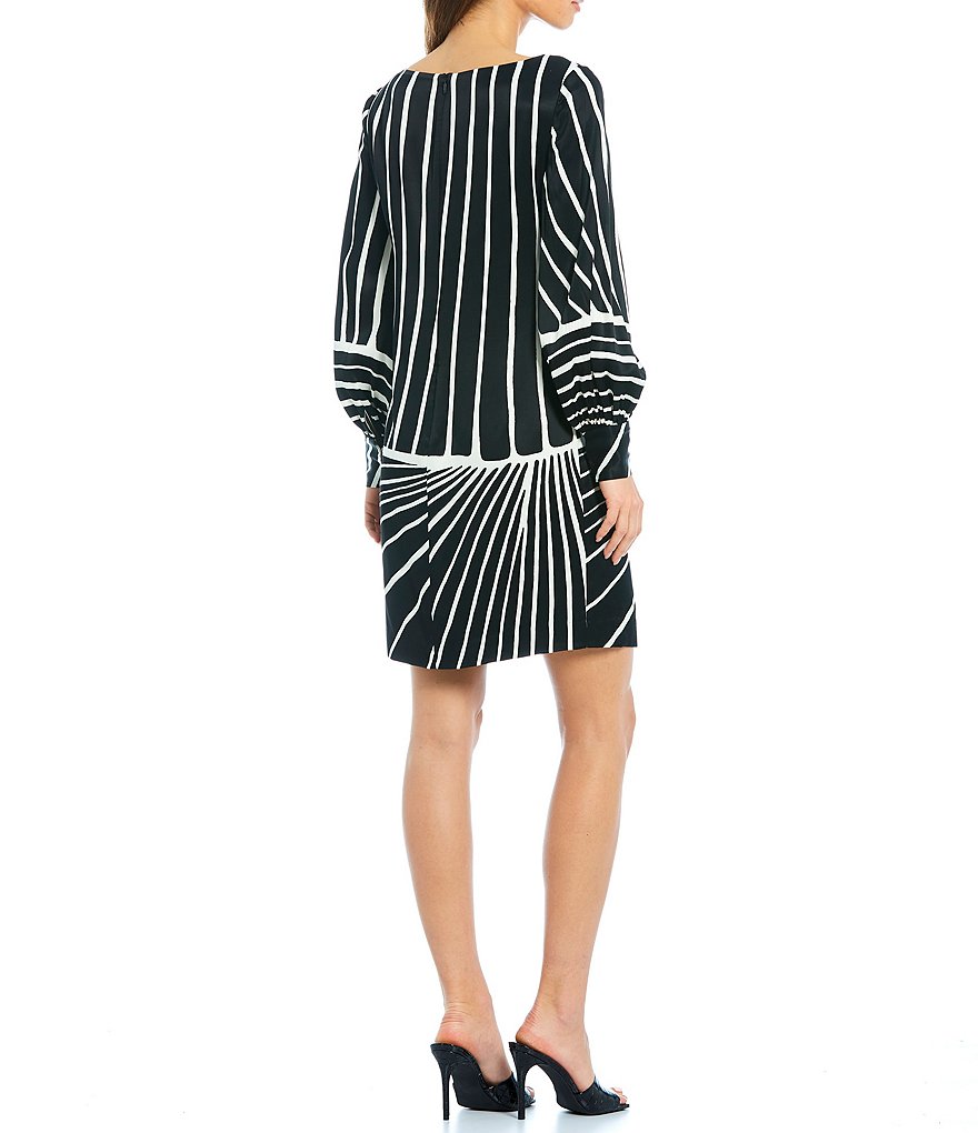 Trina Turk Decor Stripe Placed Print Bateau Neck Balloon Long Sleeve Dress