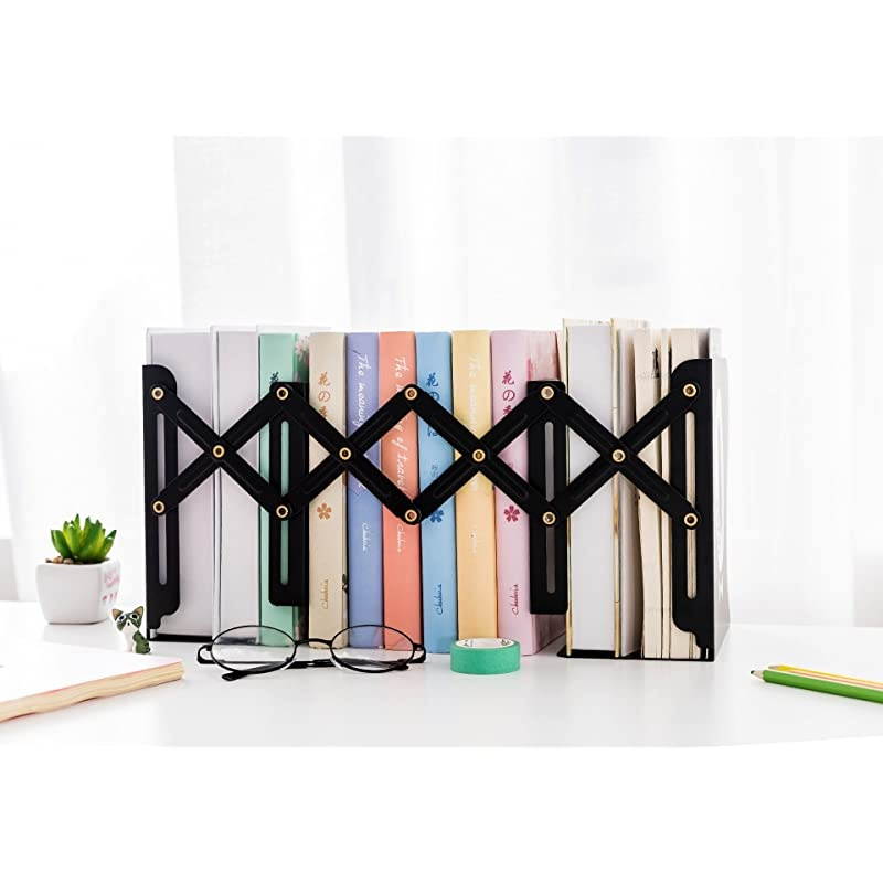Simple Nature Japanese Style Black White Decorative Metal Iron Bookends Holder Stand Desk Nonskid Adjustable Bookend (Black)