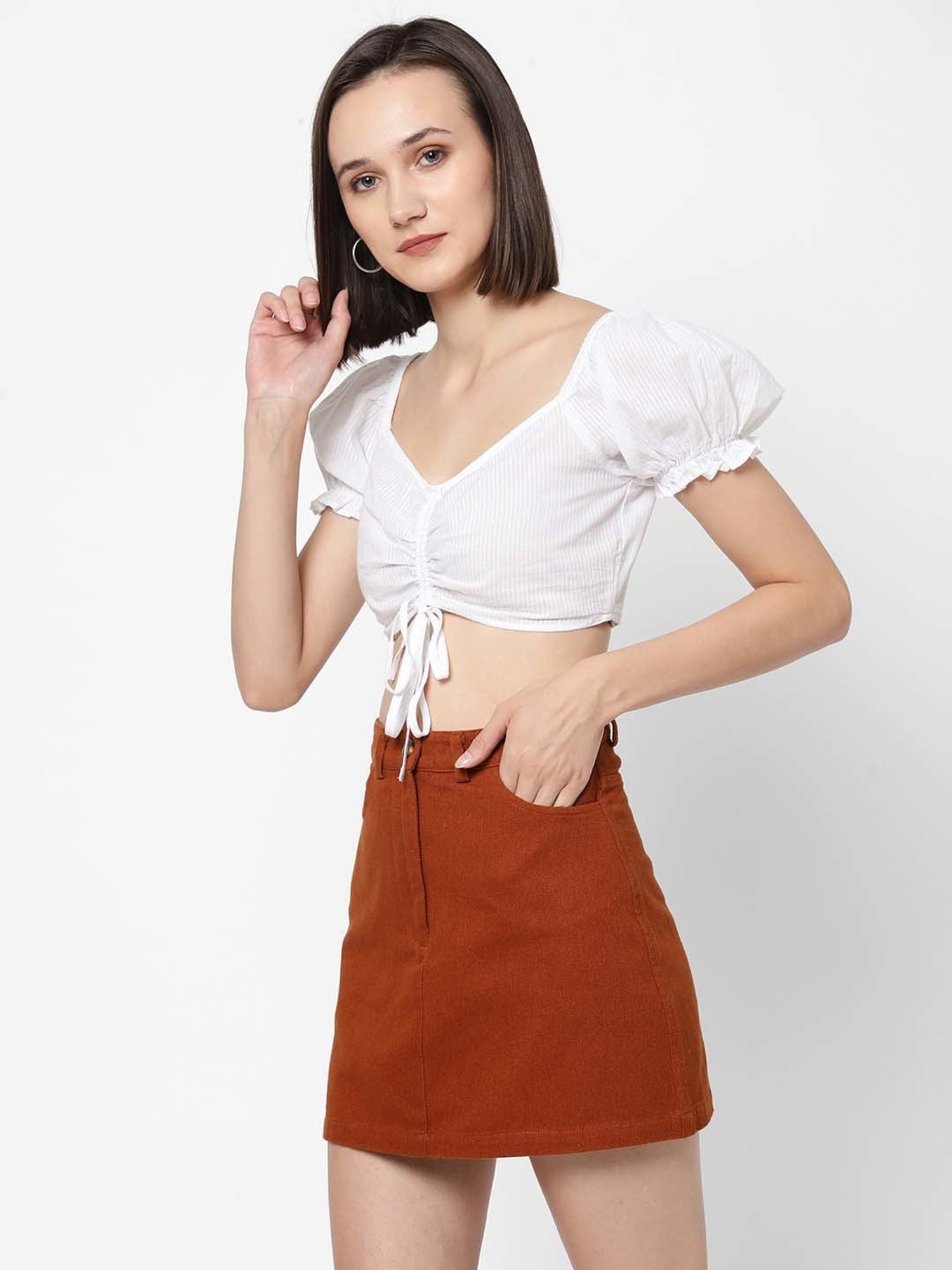 VASTRADO White Cotton Striped Crop Top