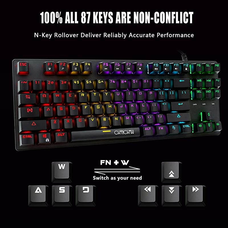 RGB Compact Mechanical Gaming Keyboard  USB Wired 87 Keys Gaming Keyboard LED Rainbow Backlit 60 Tenkeyless Mechanical Gaming Keyboard for PS4 Xbox PC Gamer