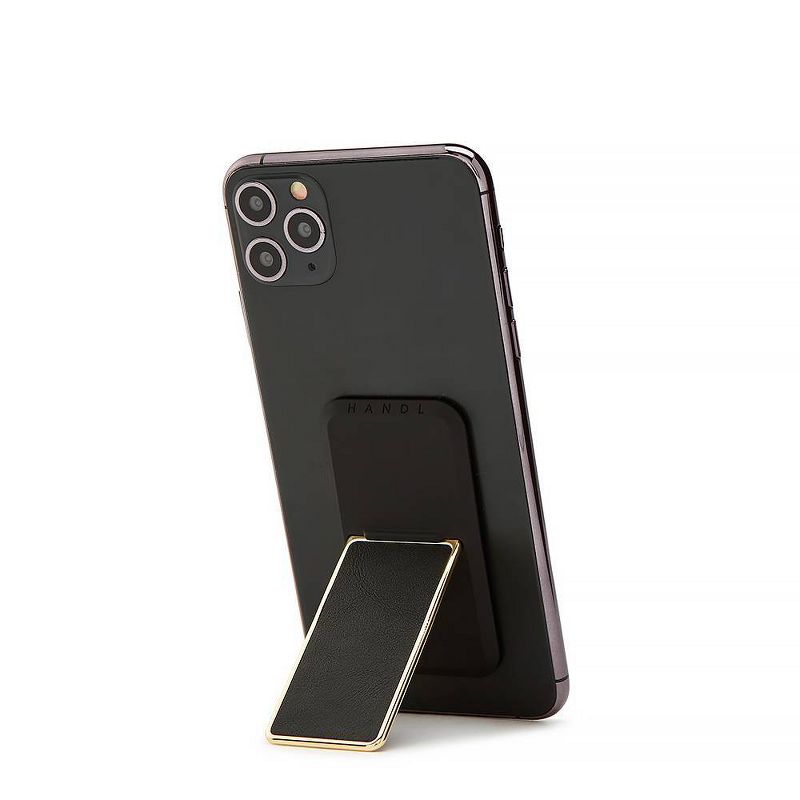 HANDLstick Phone Grip Smooth Leather Gold Trim - Black