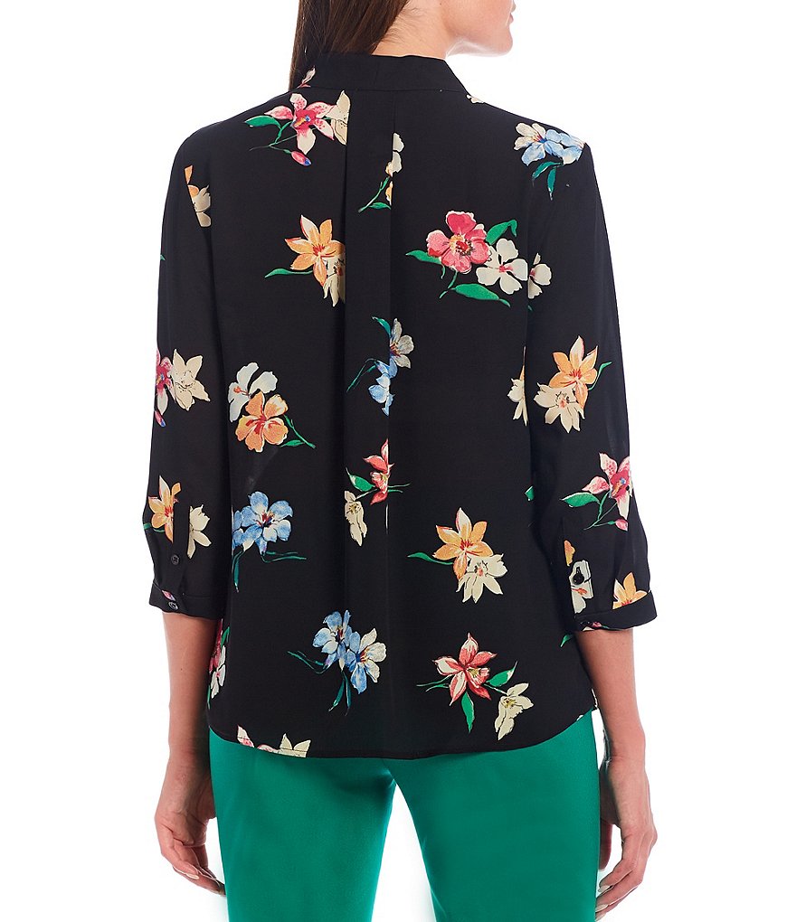 Ali Miles Petite Size Long Roll-Tab Sleeve Round V-Neck Pucker Knit Asymmetrical Tunic