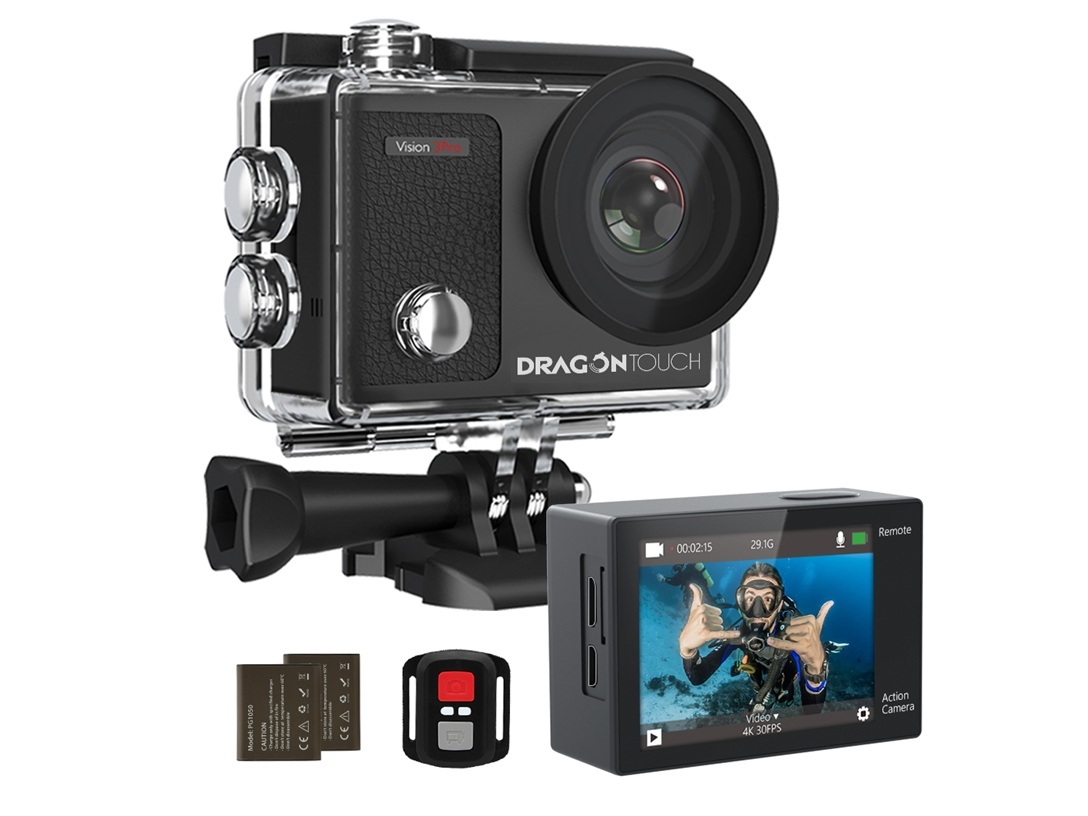 Dragon Touch Vision 3 Pro 4K Action Camera Touch Screen 16MP 100 feet Waterproof Camera Adjustable View Angle WiFi Sports Camera with Remote Control and Helmet Accessories Kit