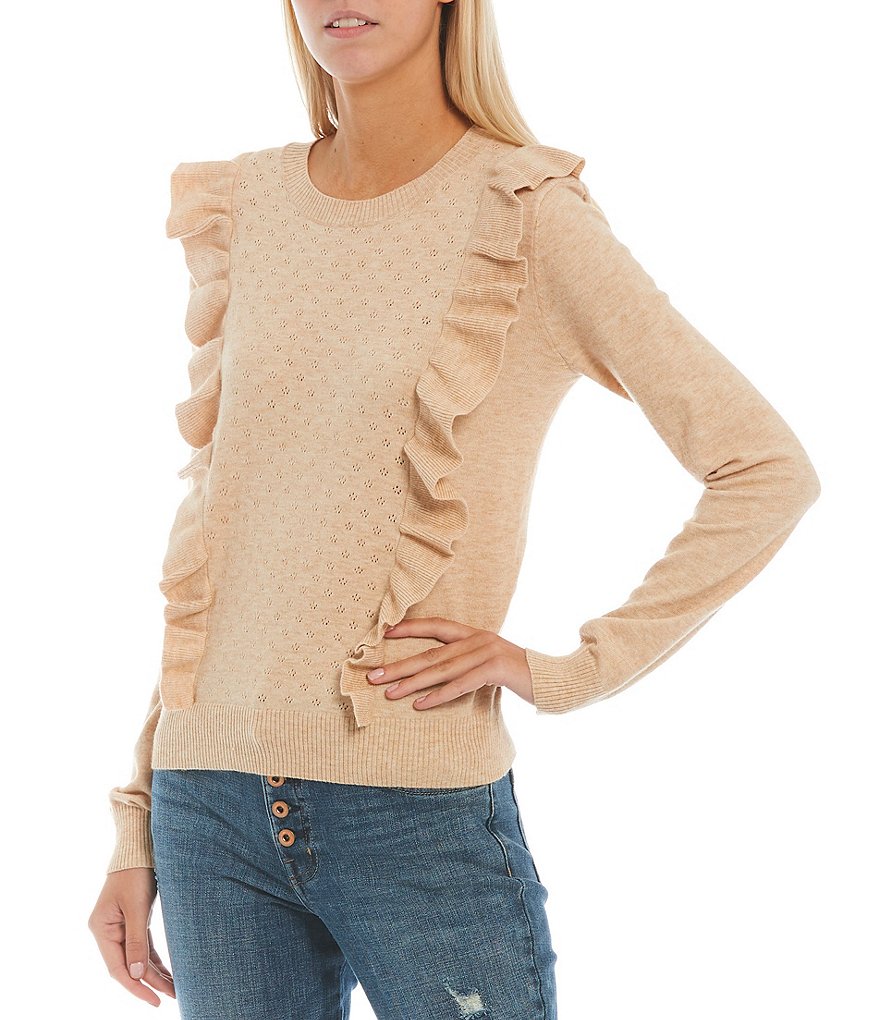 Sugarlips Pointelle Waterfall Ruffle Long Sleeve Crew Neck Sweater