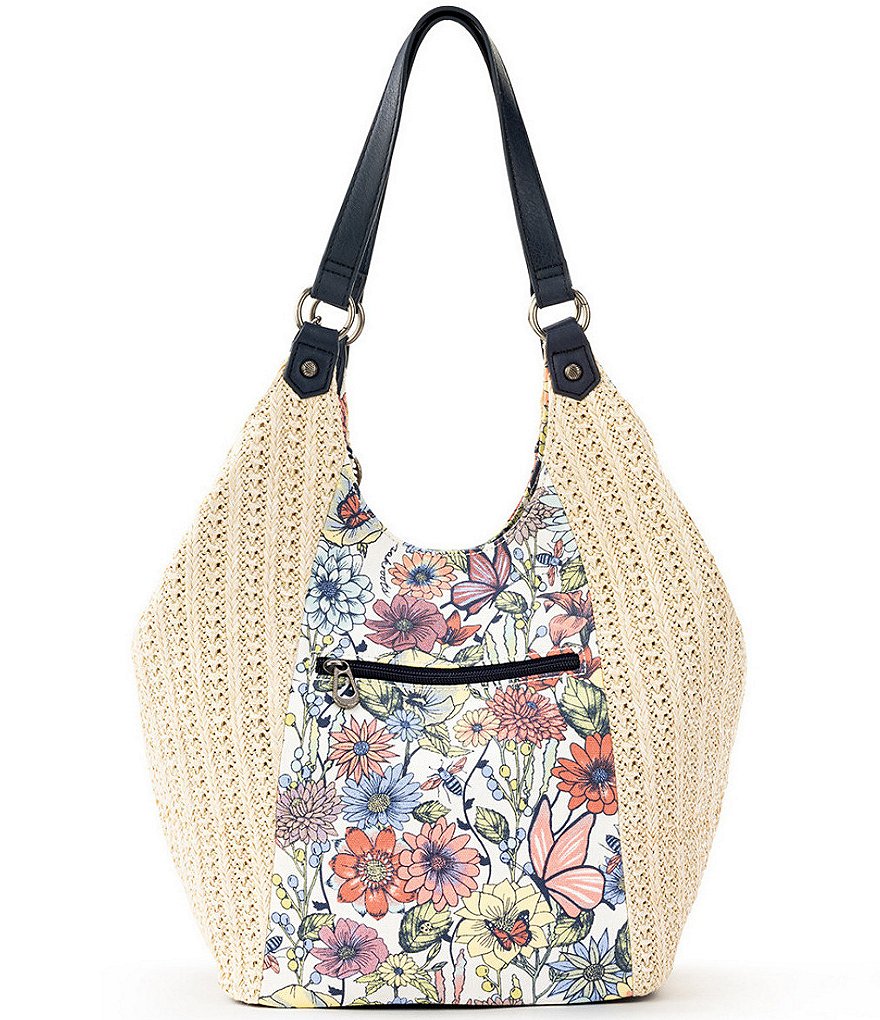 Sakroots Roma Straw Canvas Snap Floral Hobo Tassel Bag