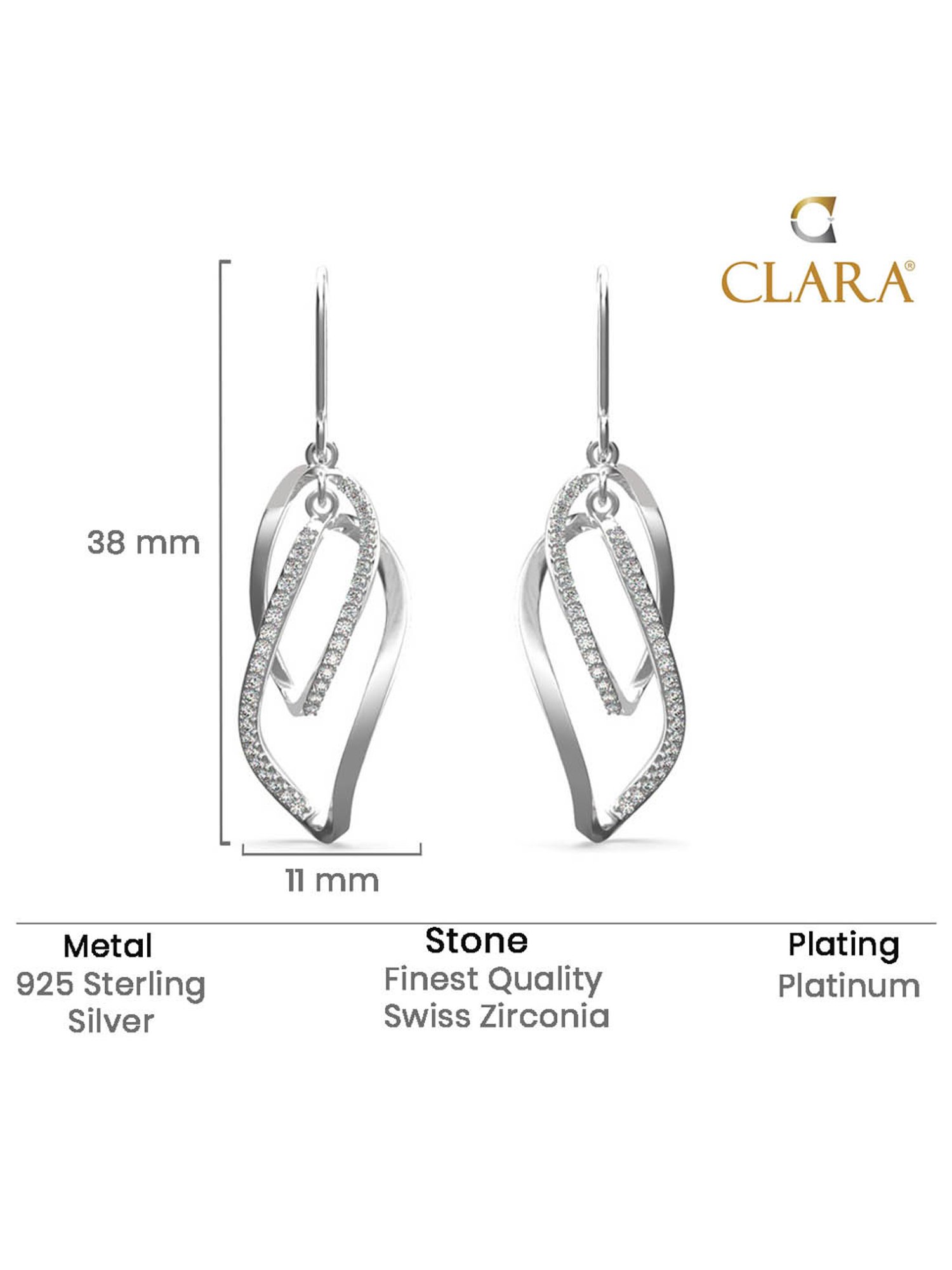 Clara 925 Sterling Silver Platinum Plated Swiss Zirconia Twisted Long Drop Earrings for Women