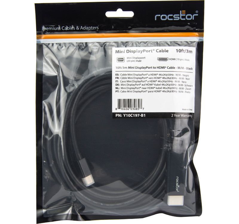 Rocstor Y10C197-B1 Premium Mini DisplayPort to HDMI Cable - 10 ft. (3m) - 4K/2K