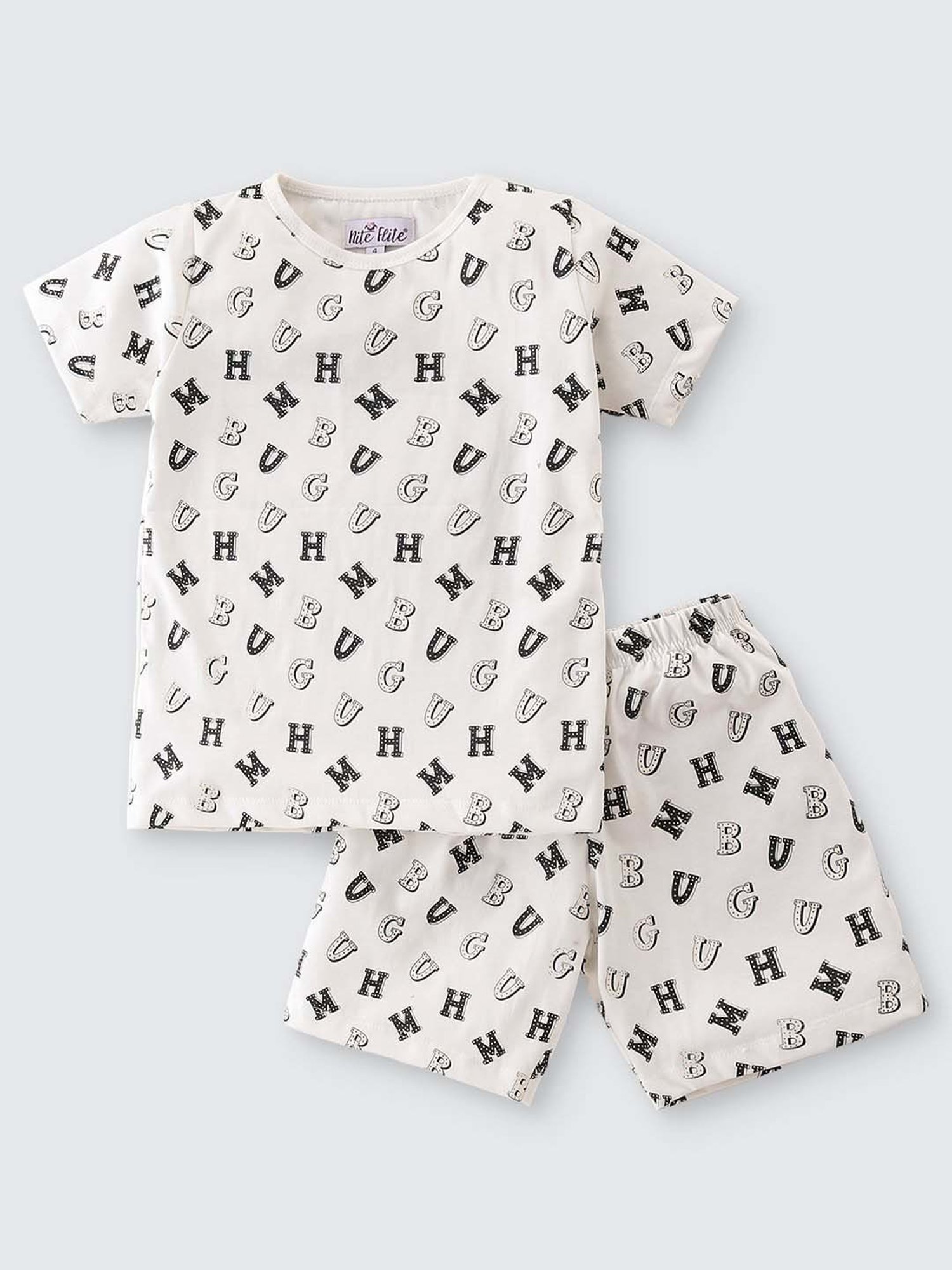 Nite Flite Boys White & Black Cotton Printed Top Set
