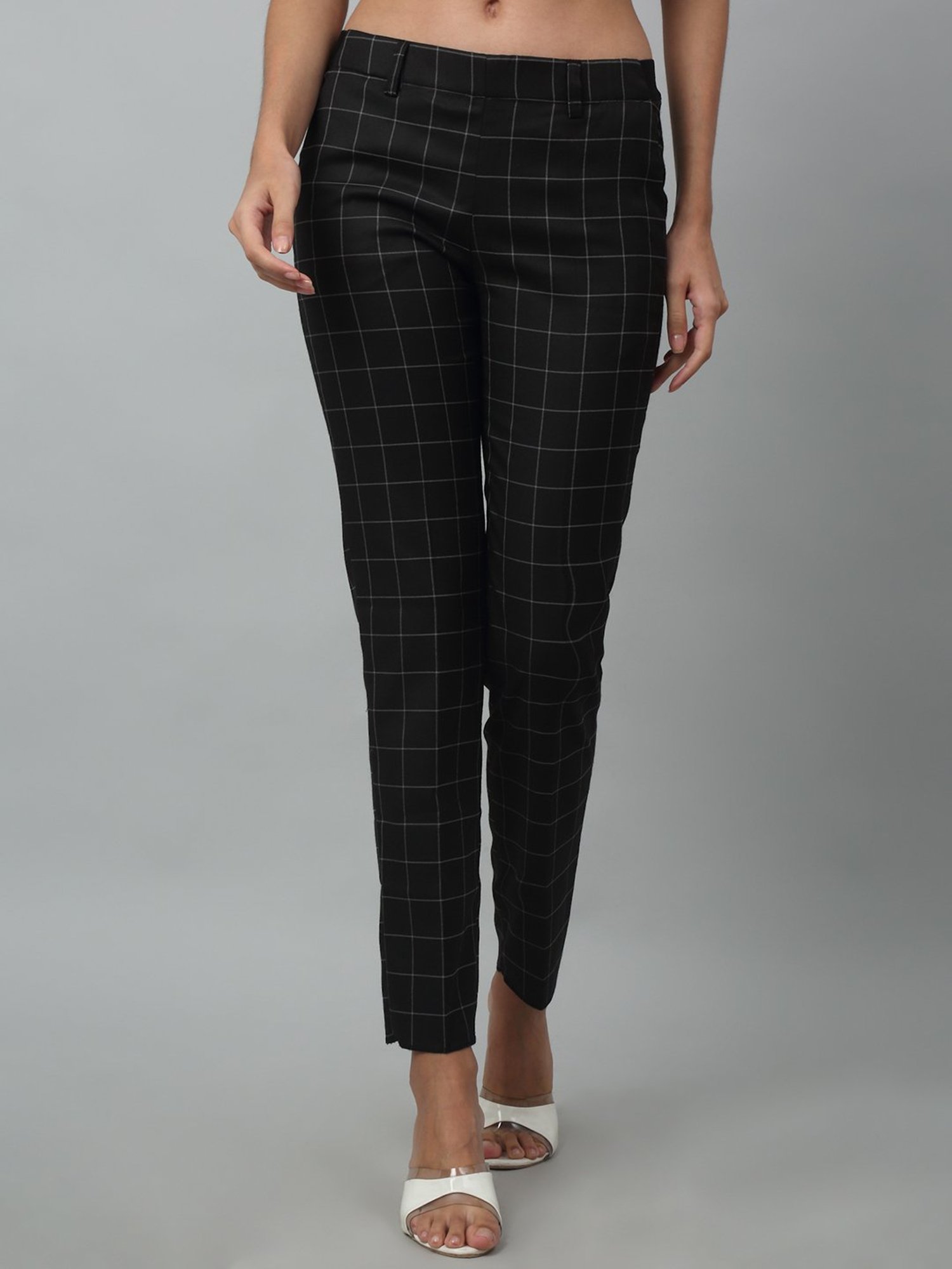 Crozo By Cantabil Black & White Cotton Lycra Checks Regular Fit Mid Rise Trousers