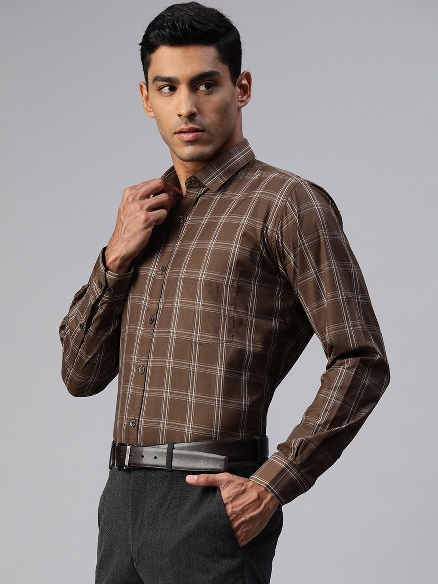 ManQ Dark Brown Regular Fit Check Shirt